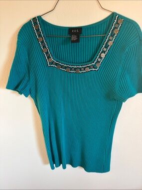 R.Q.T. Teal Ribbed Short Sleeve Top with Embellished Square Neckline